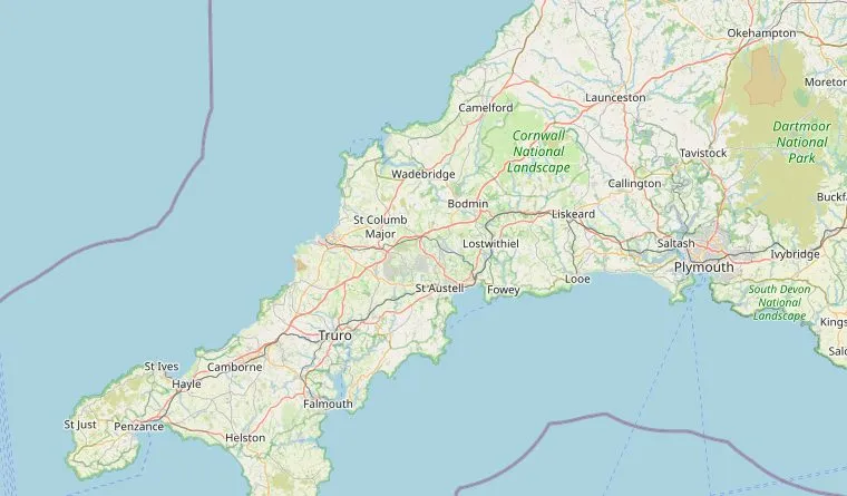 Kaart van Cornwall met de route van Plymouth via Fowey, Mevagissey, Penzance, St Ives en Padstow naar Tintagel, langs de zuidkust heen en de noordkust terug.