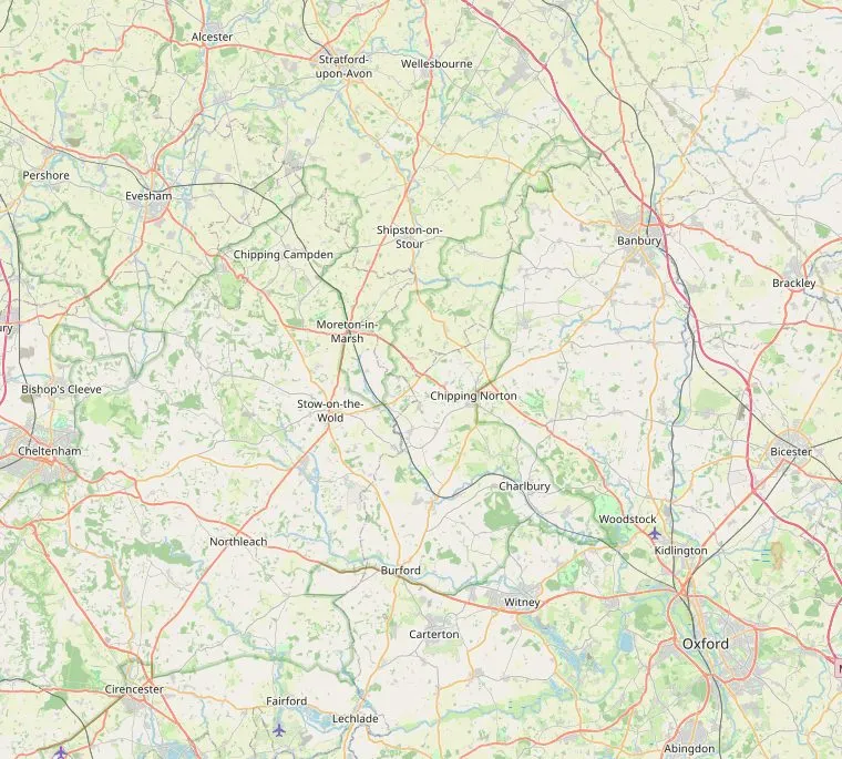 Kaart van de Cotswolds met de route van Oxford via Bourton-on-the-Water, Bibury, Cirencester en Chipping Campden naar Stratford-upon-Avon.