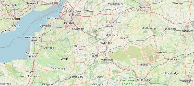 Kaart van Somerset en Wiltshire met Bath in het midden en de acht dagtrips eromheen: Lacock, Bristol, Castle Combe, Longleat, Wells, Cheddar Gorge, Avebury en Stonehenge.