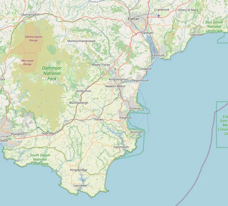 Kaart van Devon met de route van Exeter via Princetown op Dartmoor, Dartmouth, Salcombe en Torquay naar Sidmouth.