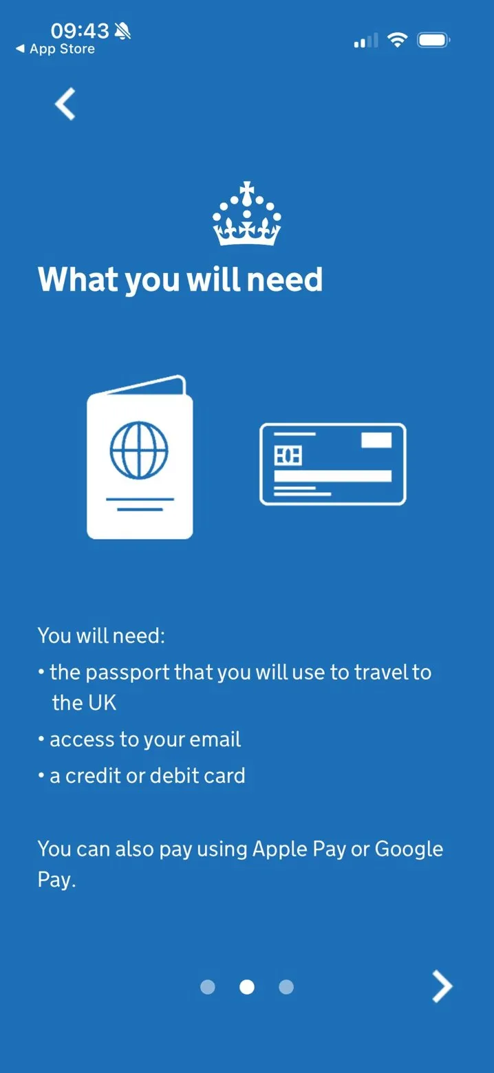 Overzicht in de app van wat je nodig hebt: paspoort, e-mailadres en betaalkaart