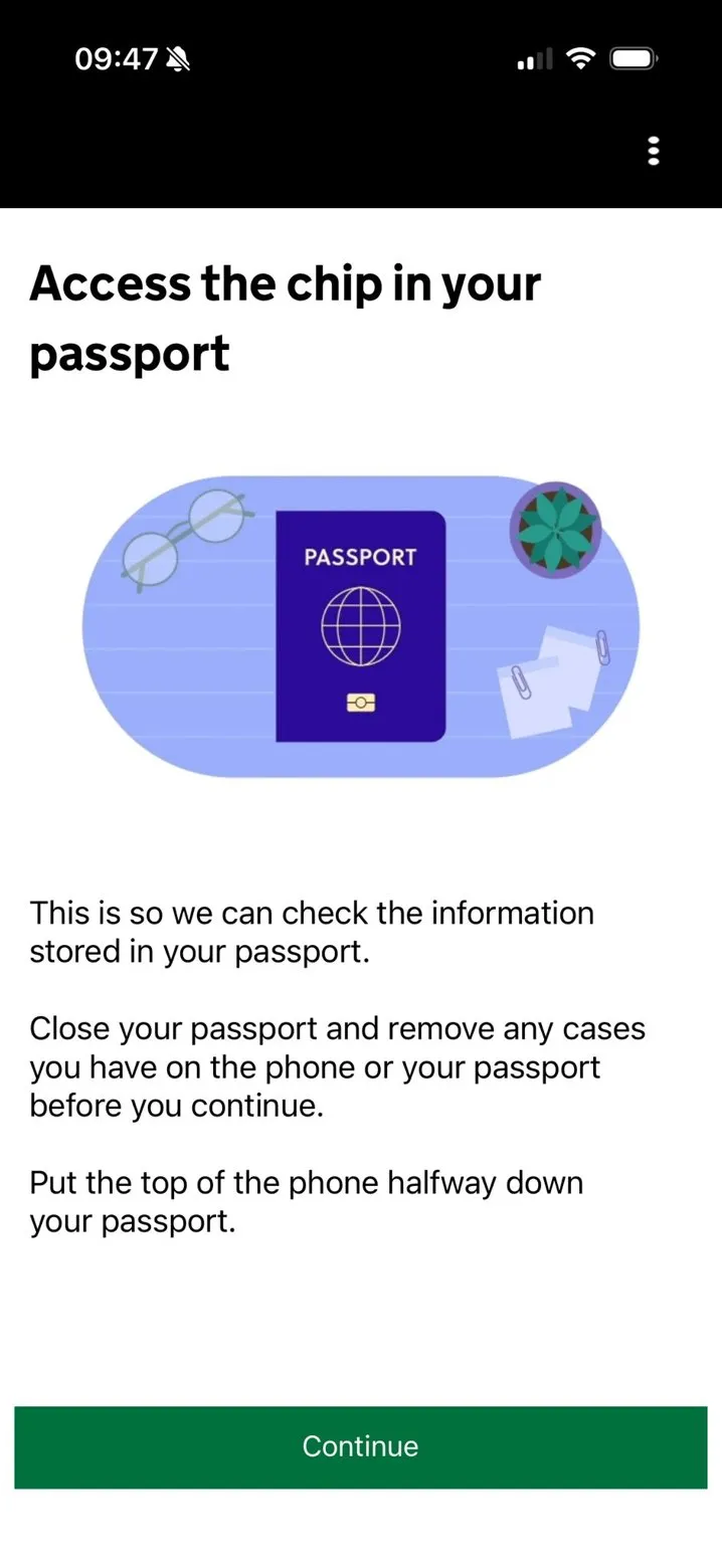 Instructie in de app om de chip in het paspoort uit te lezen