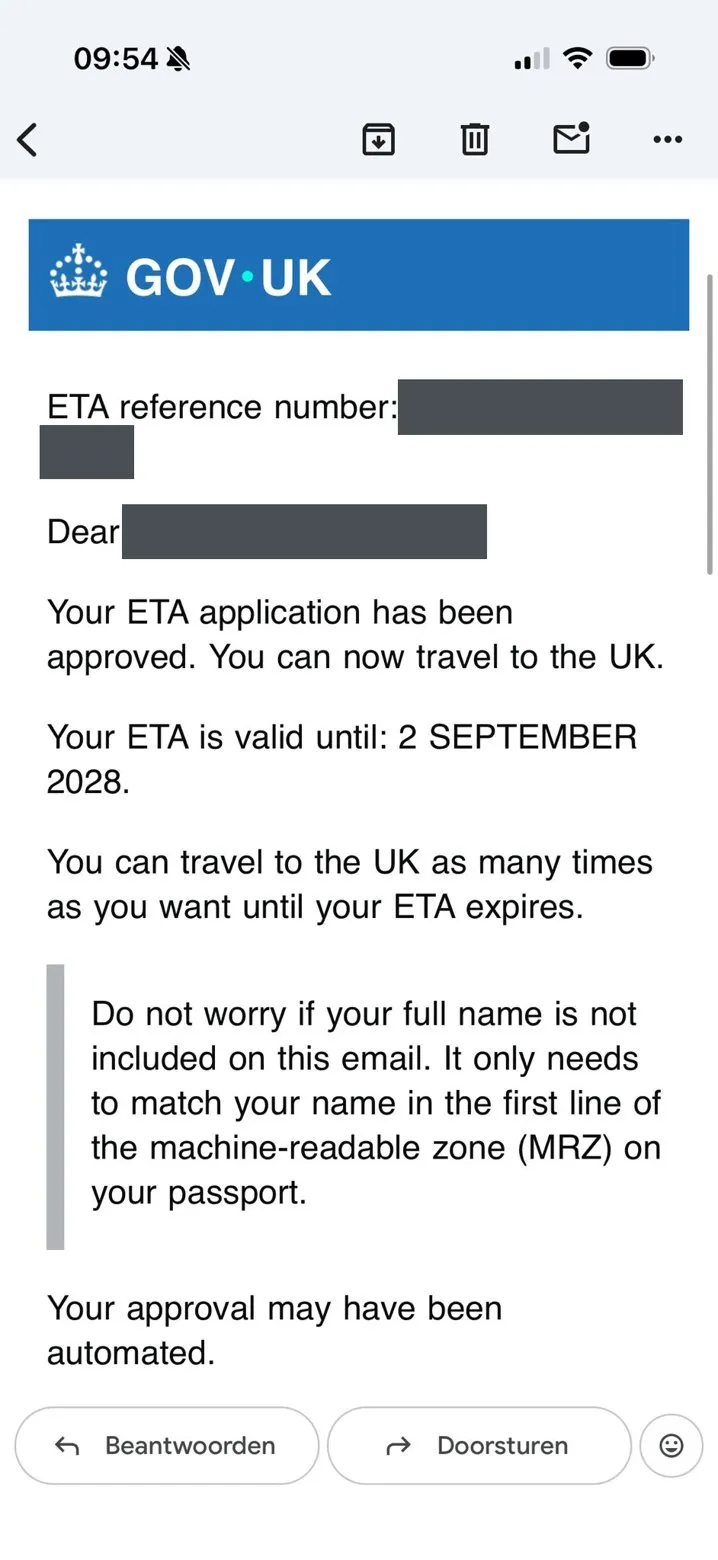 Goedkeuringsmail met de datum tot wanneer de ETA geldig is