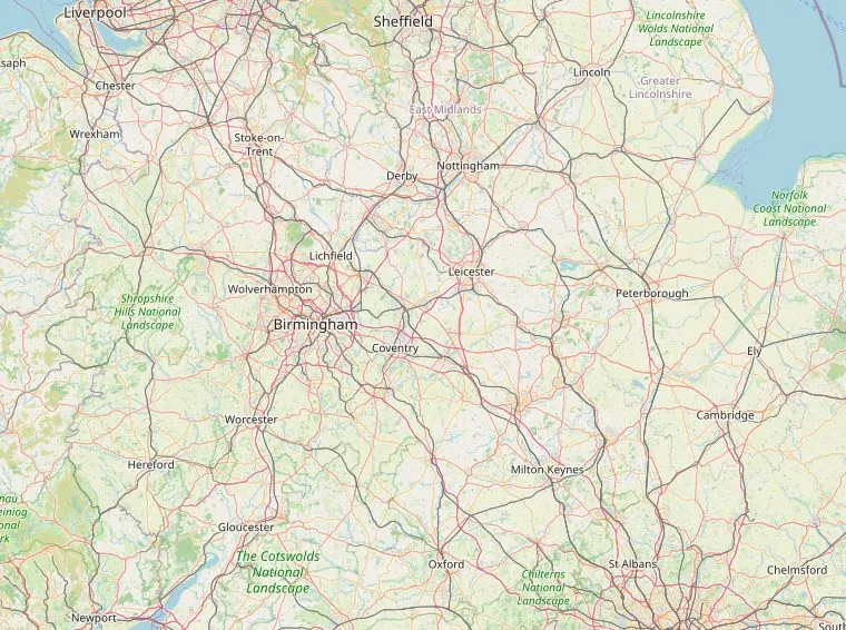 Kaart van Midden-Engeland met de route van Oxford via Bourton-on-the-Water, Cheltenham, Birmingham, Bakewell en Nottingham naar Lincoln.