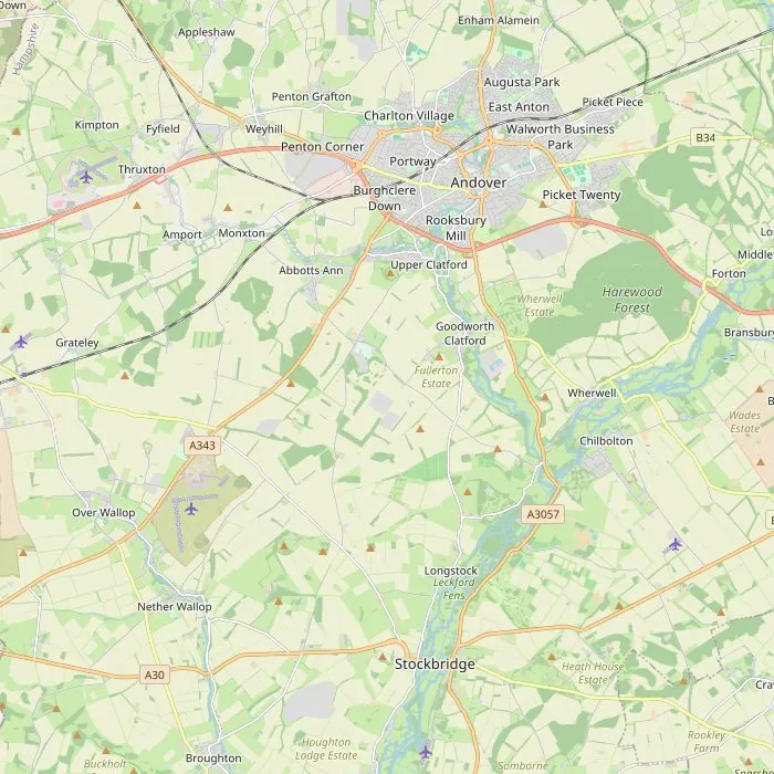 Kaart van Andover en omgeving met de zeven bezienswaardigheden
