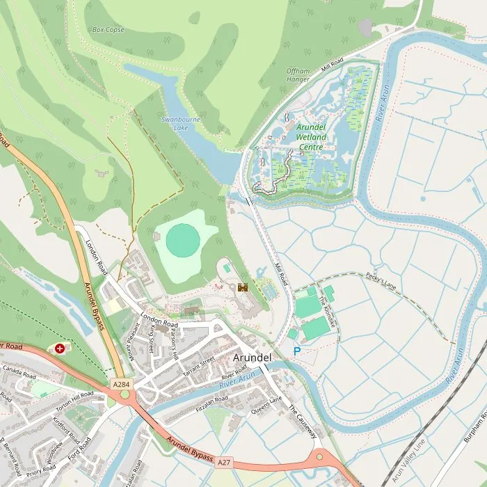 Kaart van Arundel met het kasteel, de kathedraal en WWT Arundel