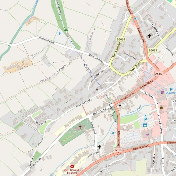 Kaart van Ashbourne met het marktplein, de kerk en het begin van de Tissington Trail