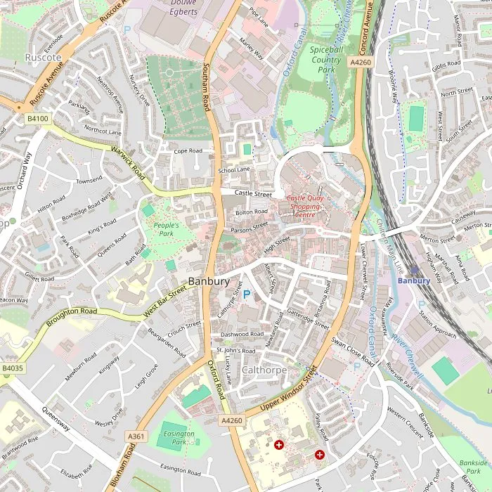 Kaart van Banbury met het kruis, de werf aan het kanaal en het oude centrum