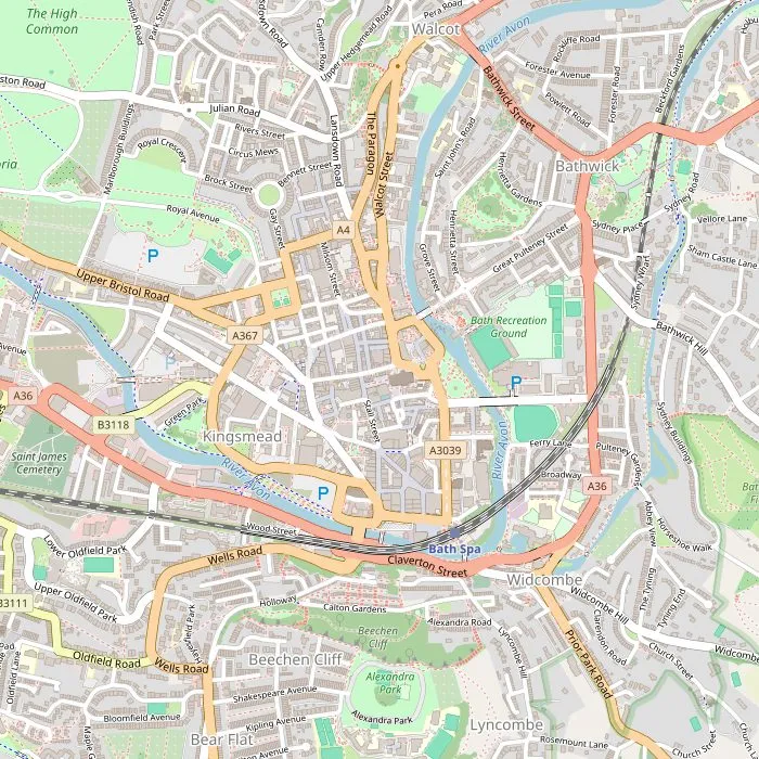 Kaart van het centrum van Bath met de bezienswaardigheden