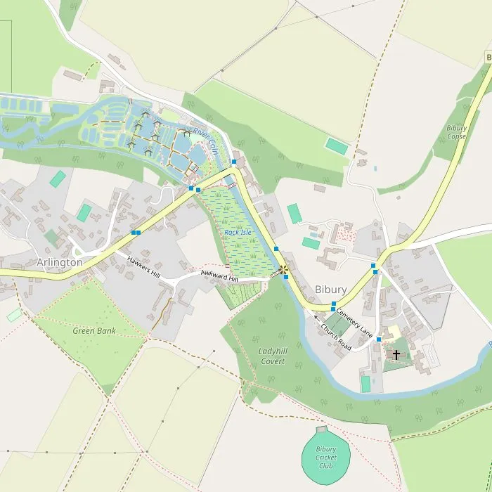 Kaart van Bibury met Arlington Row, de forellenkwekerij, de molen en de kerk