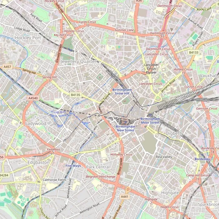 Kaart van het centrum van Birmingham met de bezienswaardigheden