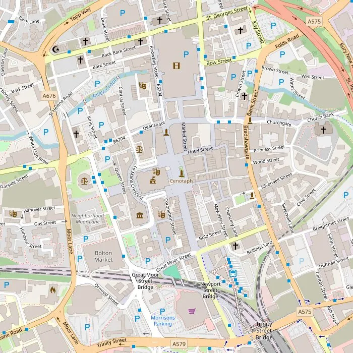 Kaart van het centrum van Bolton met het museum, het stadhuis en de markt