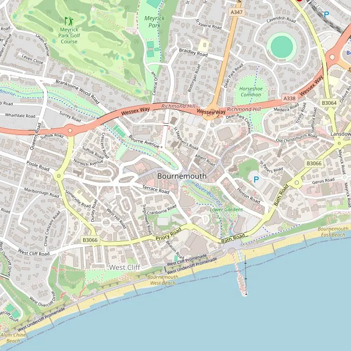 Kaart van het centrum van Bournemouth met de vijf bezienswaardigheden