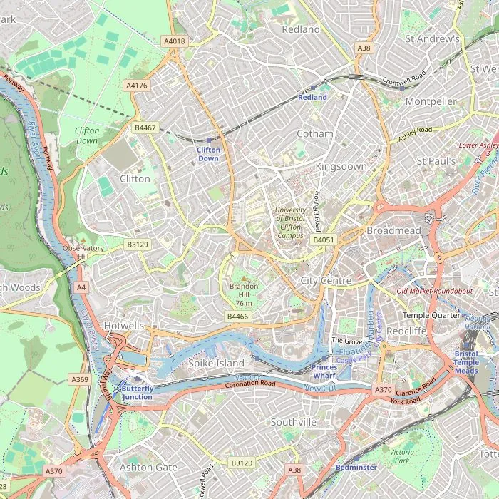 Kaart van Bristol met de bezienswaardigheden