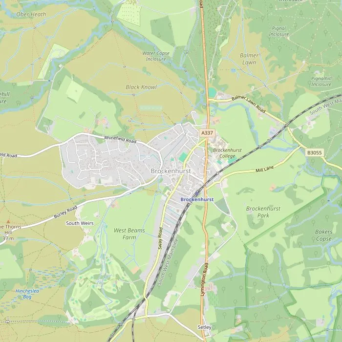 Kaart van Brockenhurst met vijf van de zeven bezienswaardigheden