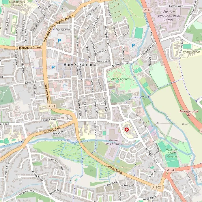 Kaart van Bury St Edmunds met zes van de zeven bezienswaardigheden