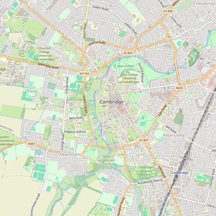 Kaart van het centrum van Cambridge met de bezienswaardigheden