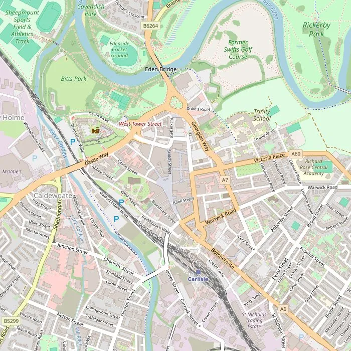 Kaart van Carlisle met het kasteel, het museum, de kathedraal en de parken