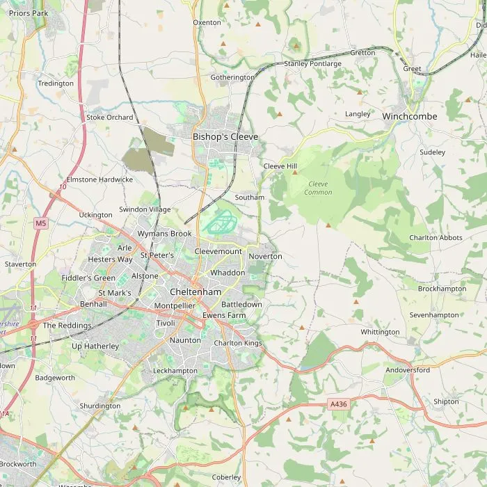 Kaart van Cheltenham en omgeving met de zes bezienswaardigheden