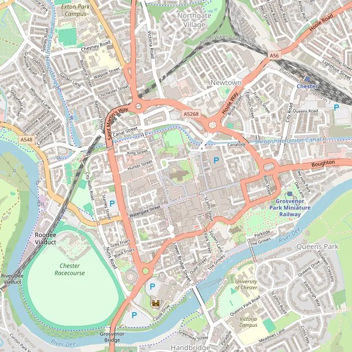 Kaart van het centrum van Chester met de bezienswaardigheden