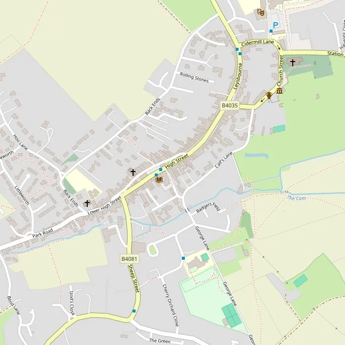 Kaart van Chipping Campden met de High Street, de markthal, de kerk en Court Barn