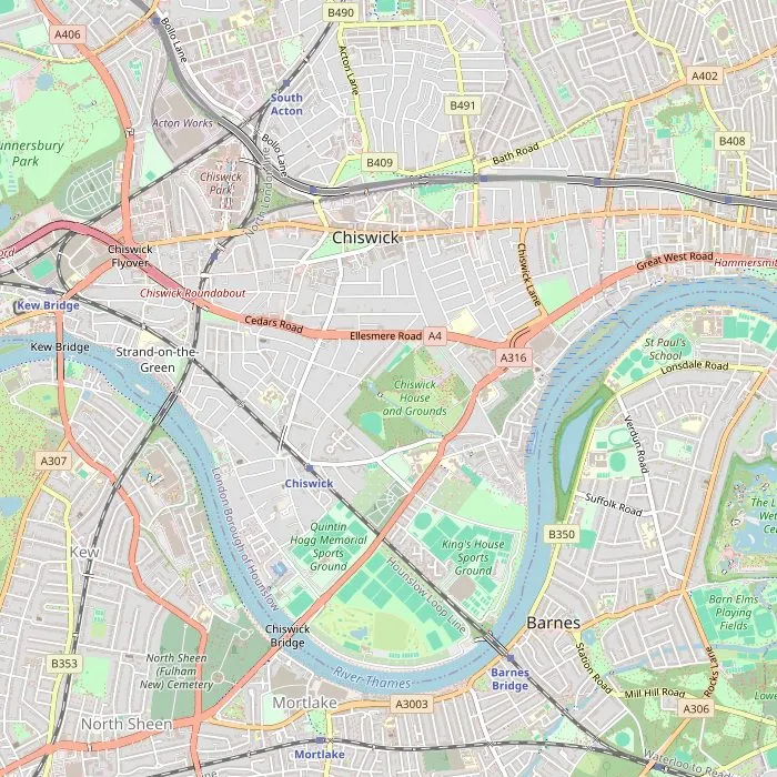 Kaart van Chiswick met de zes bezienswaardigheden