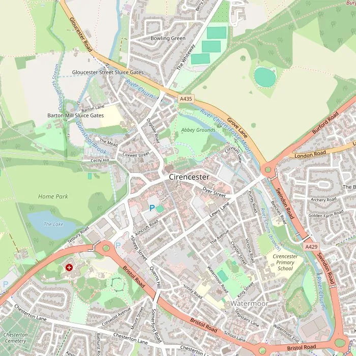 Kaart van Cirencester met het museum, de kerk, het park, het amfitheater en de Abbey Grounds