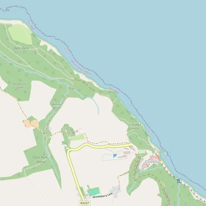 Kaart van Clovelly met de straat, de haven, de tuinen en het klifpad