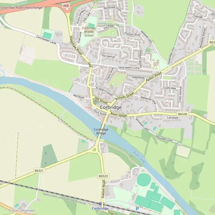 Kaart van Corbridge met de Romeinse stad, het plein, de brug en de winkels