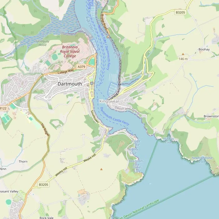 Kaart van Dartmouth met het kasteel, de haven en de aanlegplaats