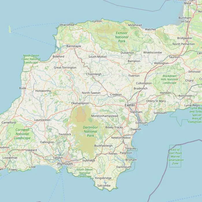 Kaart van Devon met Dartmoor, Clovelly, Dartmouth, Powderham, Salcombe en Croyde