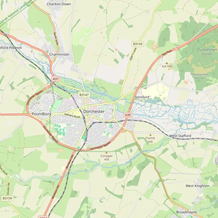 Kaart van Dorchester en omgeving met de zeven bezienswaardigheden