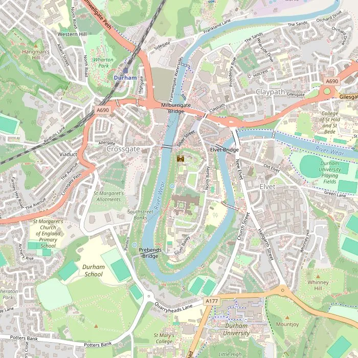 Kaart van Durham met de kathedraal, het kasteel, Palace Green en het rivierpad