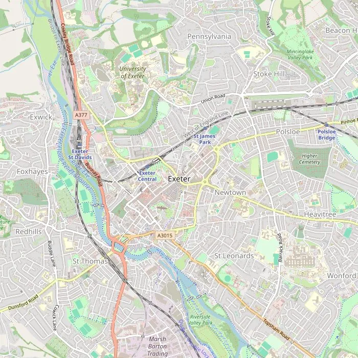 Kaart van het centrum van Exeter met de acht bezienswaardigheden