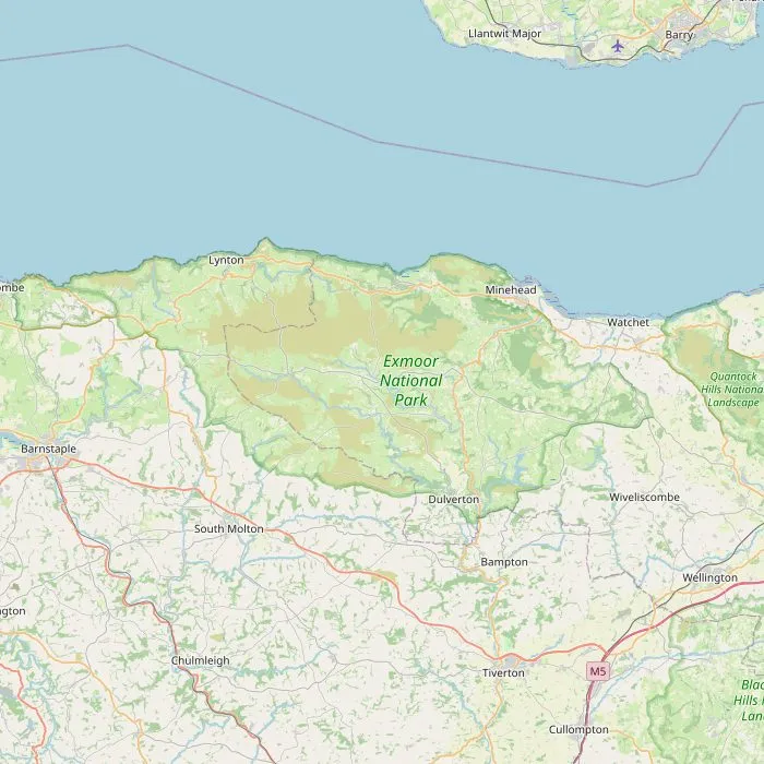 Kaart van Exmoor met Dunster Castle, Tarr Steps, de Cliff Railway, Dunkery Beacon en de Doone Valley