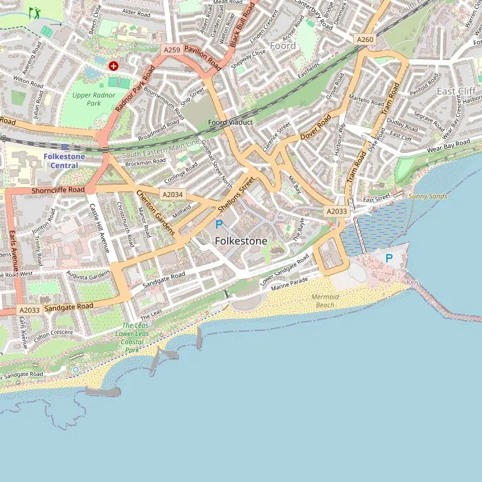 Kaart van het centrum van Folkestone met de bezienswaardigheden