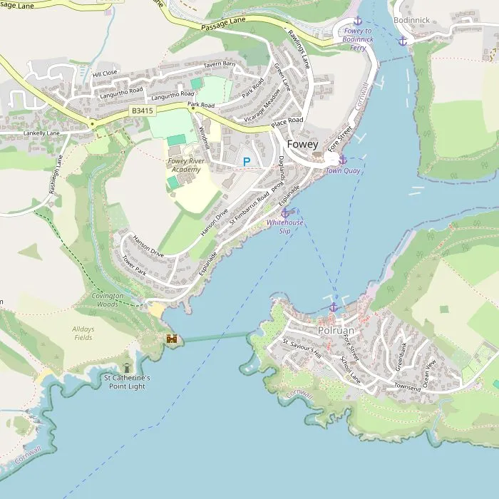 Kaart van Fowey met de kade, de veerboot naar Polruan, Readymoney Cove en het fort