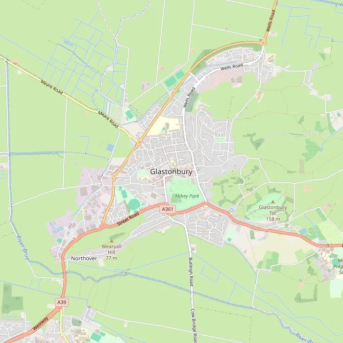 Kaart van Glastonbury met de Tor, de abdij, Chalice Well, de High Street, het museum en Wearyall Hill