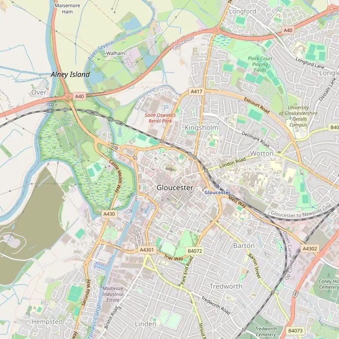 Kaart van het centrum van Gloucester met de bezienswaardigheden