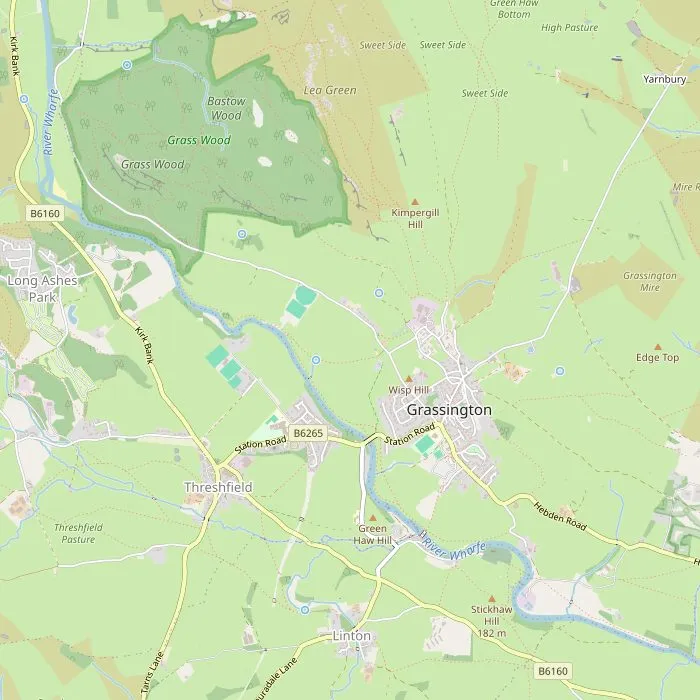 Kaart van Grassington met het plein, Linton Falls, Grass Wood en de Dales Way