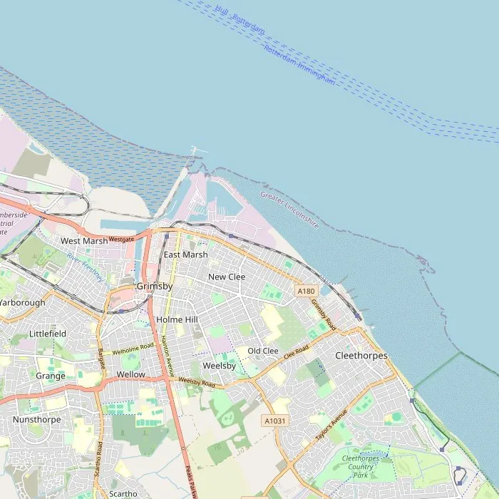 Kaart van Grimsby en Cleethorpes met de vijf bezienswaardigheden