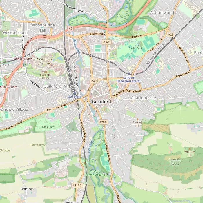 Kaart van Guildford met vier van de zes bezienswaardigheden