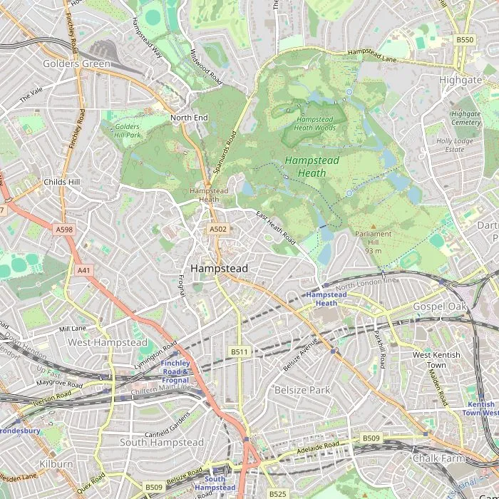 Kaart van Hampstead met de Heath, Kenwood, Keats House, het Freud Museum, Fenton House en 2 Willow Road