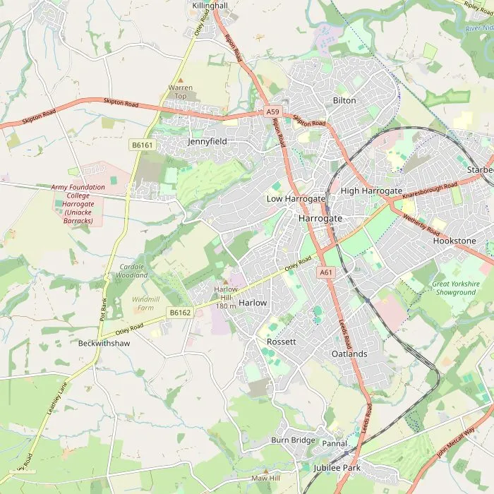 Kaart van Harrogate met zes van de zeven bezienswaardigheden