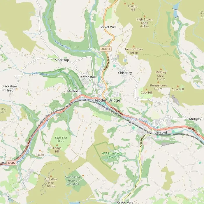 Kaart van Hebden Bridge met het kanaal, Hardcastle Crags, Heptonstall en Stoodley Pike
