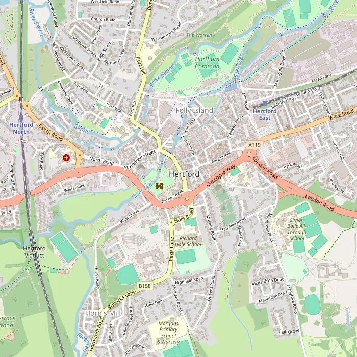 Kaart van Hertford met het kasteel, het museum, de pleinen en de rivieren