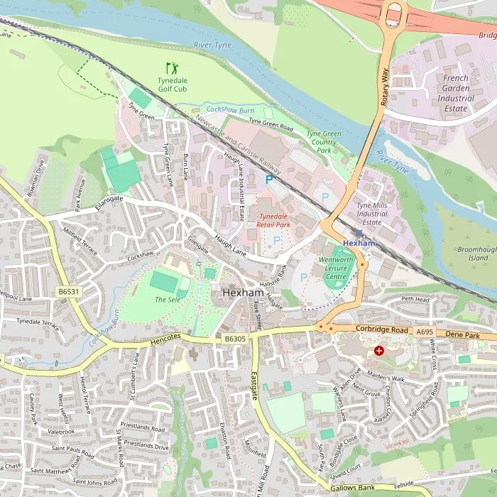 Kaart van Hexham met de abdij, de Old Gaol en Tyne Green Country Park