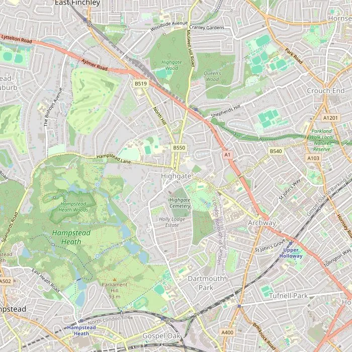 Kaart van Highgate met de begraafplaats, Waterlow Park, het dorp, Highgate Wood en Kenwood House