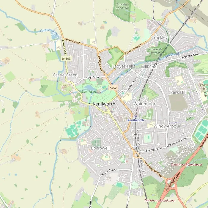 Kaart van Kenilworth met het kasteel, Abbey Fields, de oude stad en de Greenway