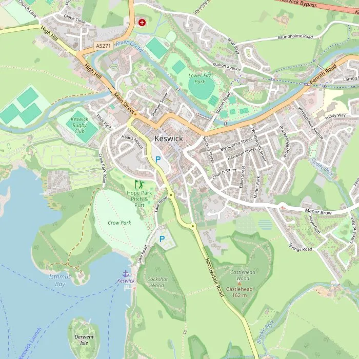Kaart van Keswick met de aanlegsteiger, Hope Park, de markt, het museum en Castlerigg